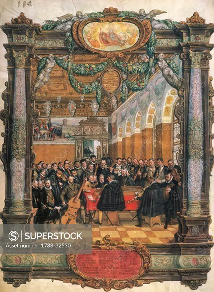 Orlando of Lasso directs the Court of Bavaria orchestra, miniature.
