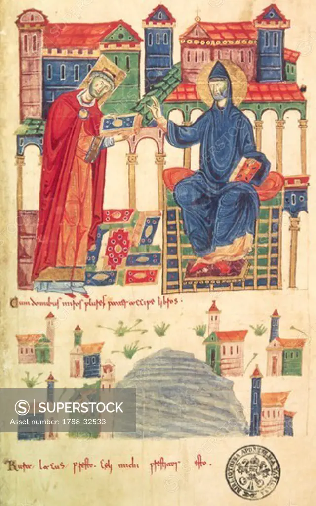 The Abbot of Montecassino offering codes and possessions to Saint Benedict, miniature from manuscript Cassinese, 6th Century.