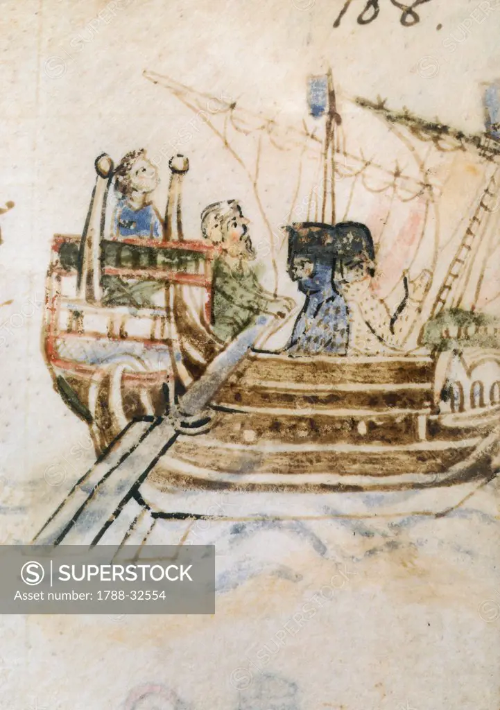 Galley ship sailing, miniature from The Genoese Annals by Caffaro di Rustico, manuscript, Italy 12th Century.