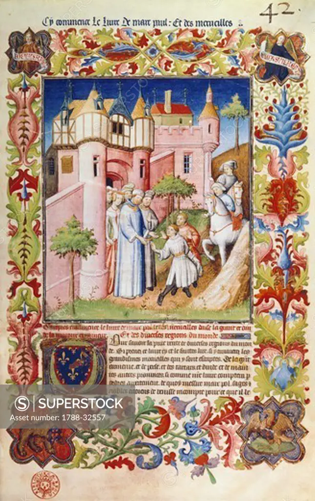 The Polo brothers leaving Costantinople, miniature from Livre des merveilles du monde (Book of the Wonders of the World) by Marco Polo and Rustichello, France 15th Century.