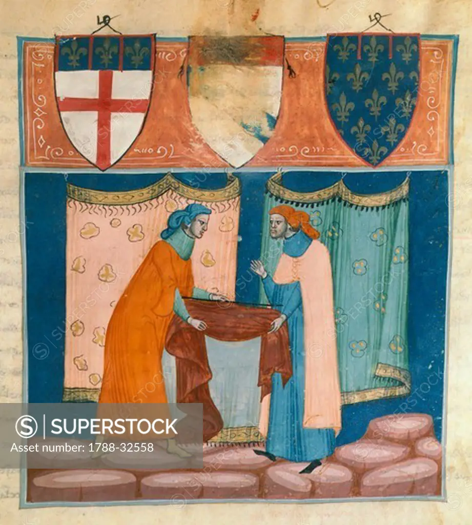 Two men with a piece of cloth, a Bolognese miniature from the Statuta magistrorum liquaminis civitatis Bononiae (Statute for teachers in the city of Bologna), Italy 13th Century.