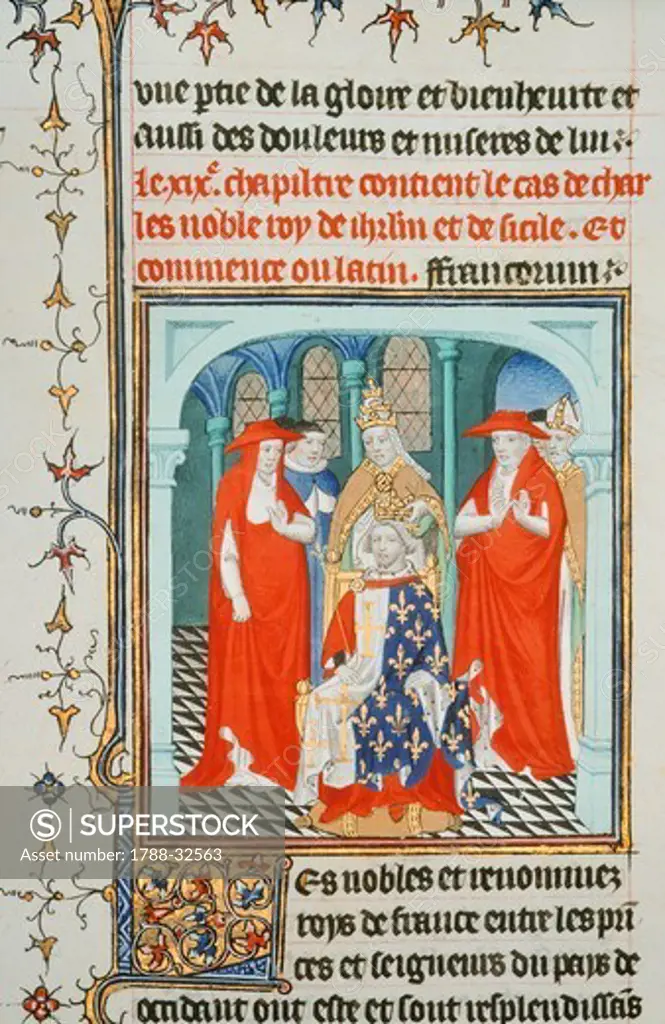 Pope Clement IV crowning Charles I of Anjou, miniature from Lives of Illustrious Men, French manuscript 190 folio 175 recto, 15th Century.