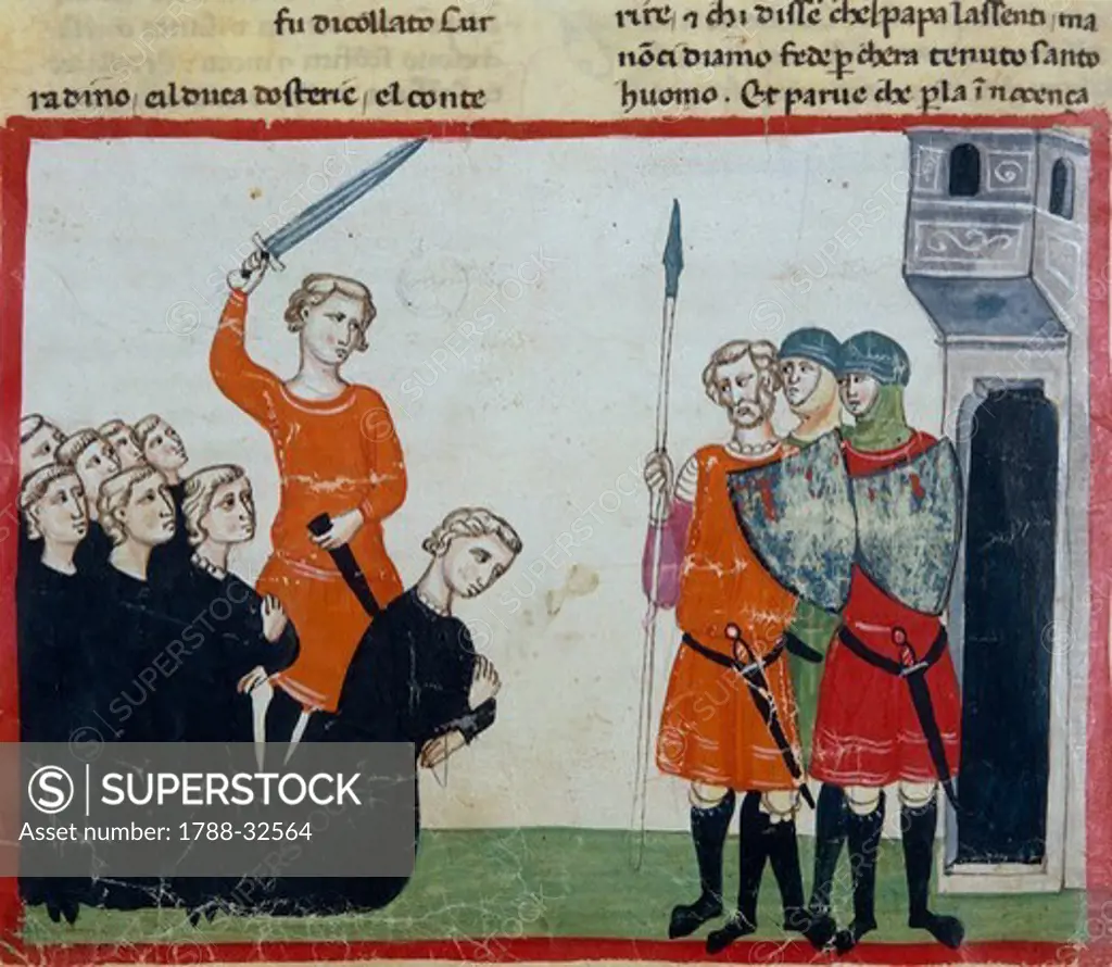 Conradin and his barons are sentenced and executed after the defeat of Tagliacozzo, miniature from the Cronica (Chronicles) by Giovanni Villani, manuscript, Italy 14th Century.