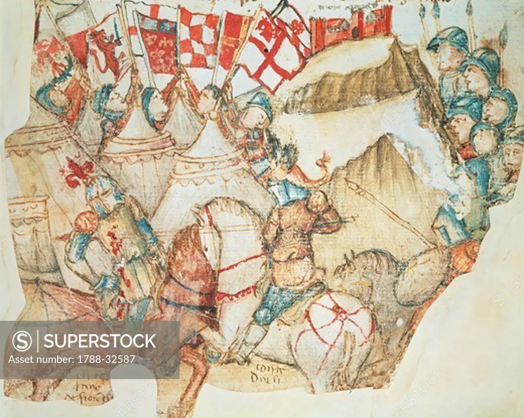 The Battle of Montaperti, September 4, 1260: The Guelphs from Florence are defeated by the Ghibellines from Siena under the command of Farinata degli Uberti, miniature from a manuscript, Italy 15th Century.