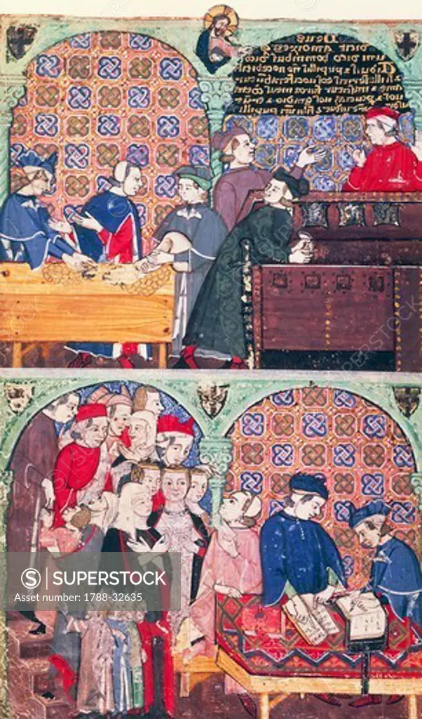 Italian Bankers, miniature from a Medieval manuscript.