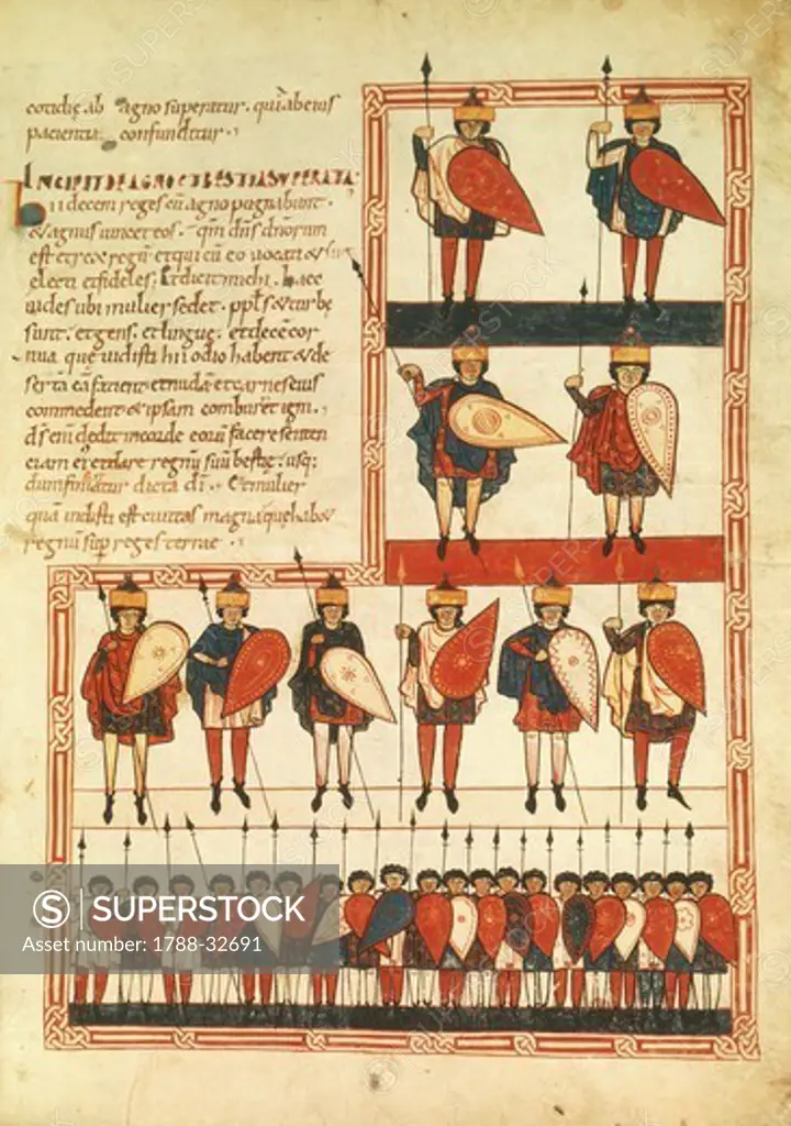 Crowning of the ten kings, and their soldiers, miniature from the Apocalypse of the Saint Sever (Saint Sever Beatus), Latin manuscript, folio 193, France 11th Century.