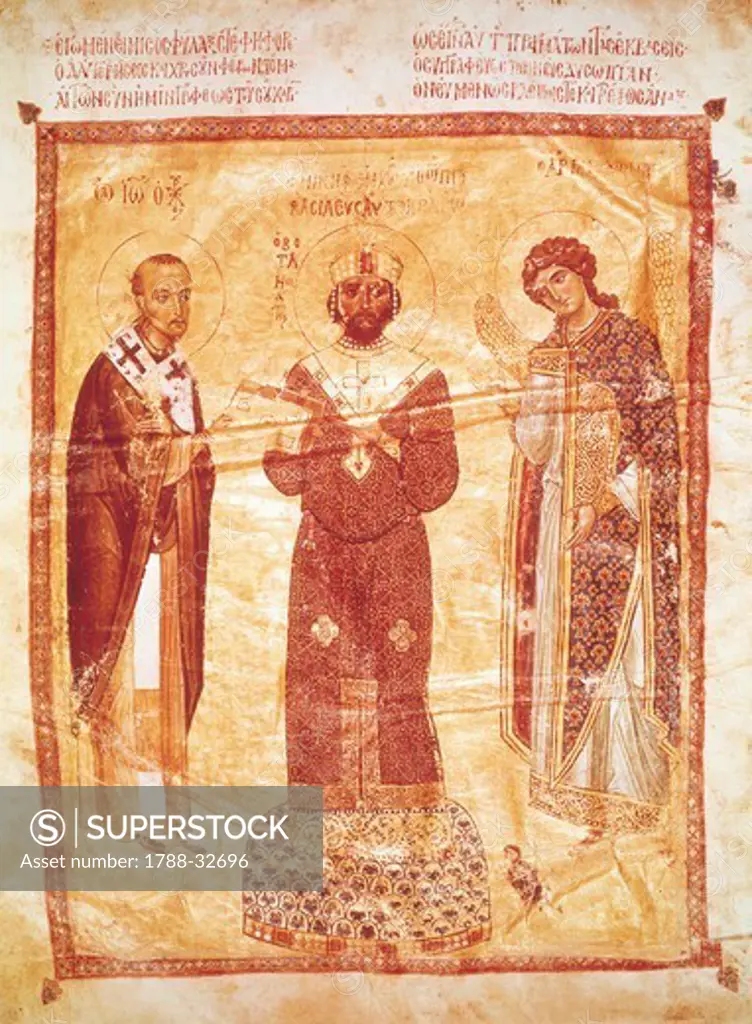 The Emperor Nicephorus between Saint John Chrysostom and the Archangel Michael, miniature from the Homilies of Saint John Chrysostom, 11th Century.