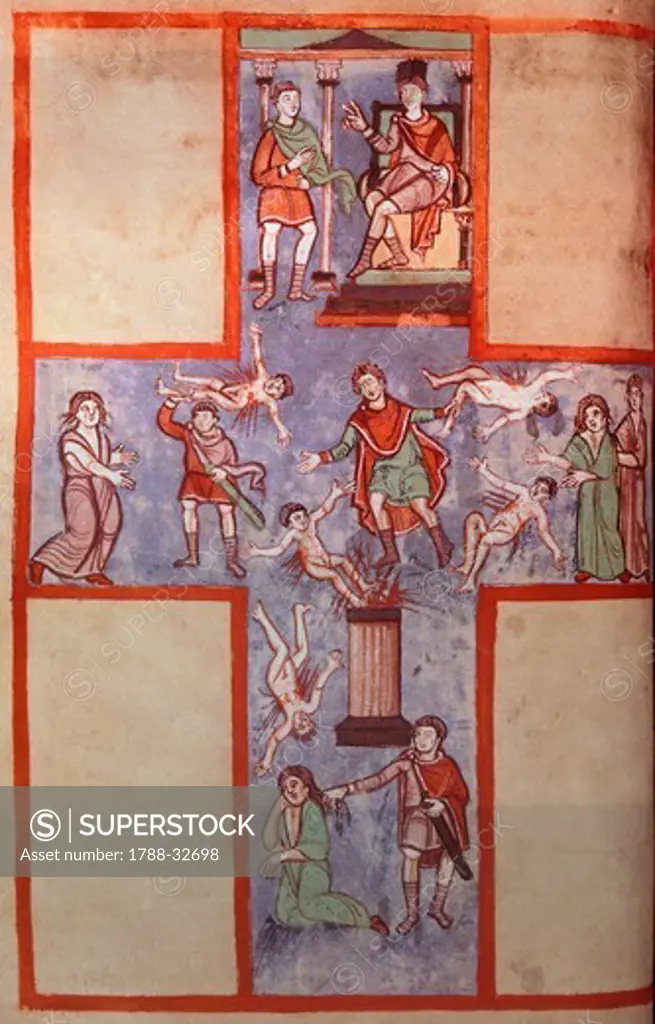 Illuminated cross, depicting the massacre of the innocents, miniature from the Gospel, Augusta Code.