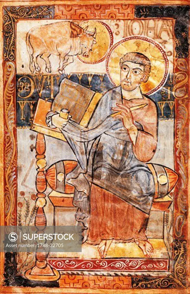 Saint Luke, miniature from the Godescalco Gospels, Germany 8th Century.