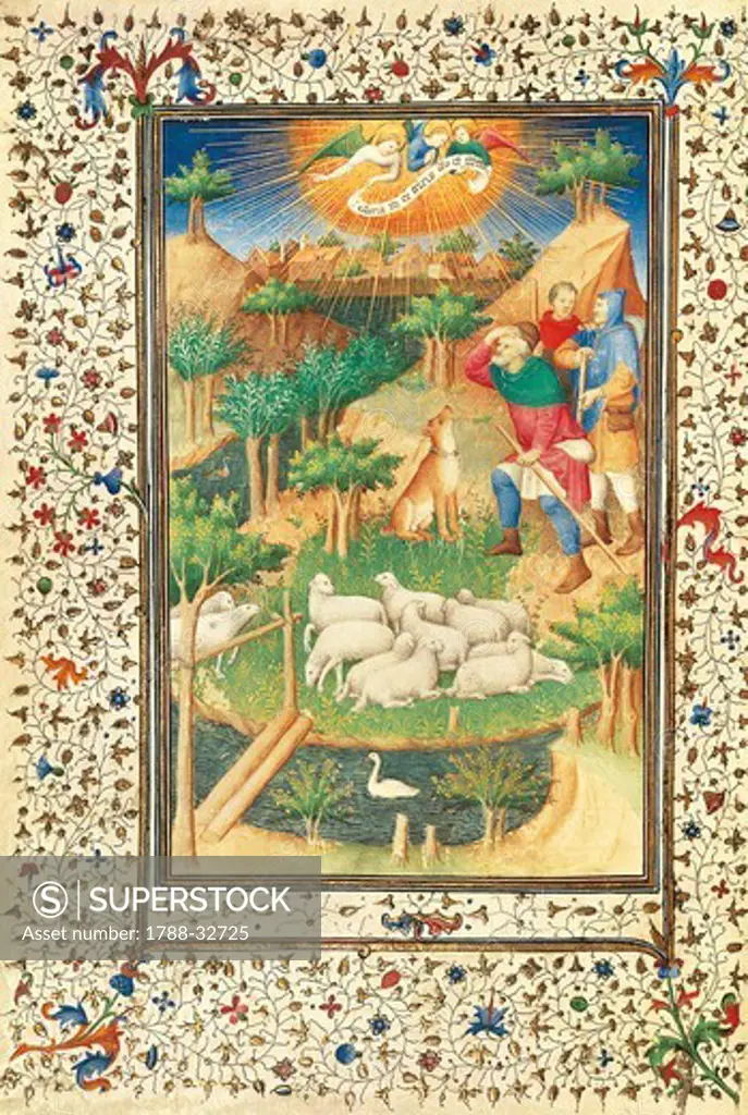 The announcement to the shepherds, miniature by the Master of Boucicaut (Meister des Marechal de Boucicaut), manuscript, France 15th Century.