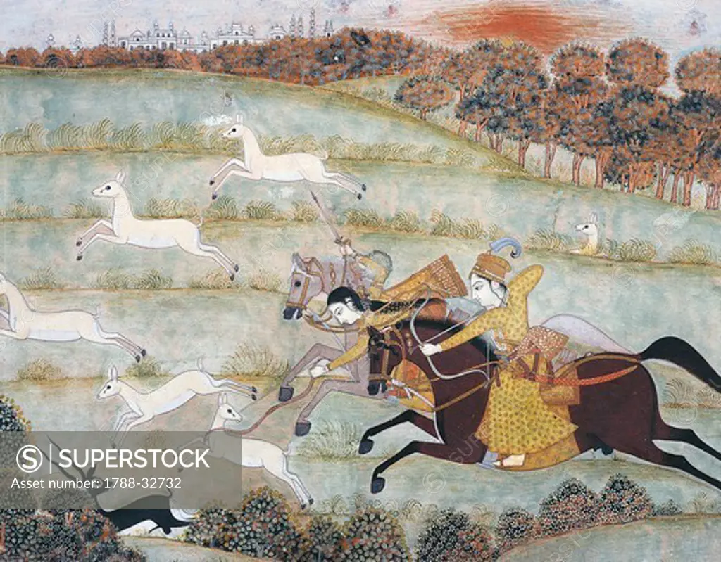 Hunting scene, miniature from Mughal School, India 18th Century.