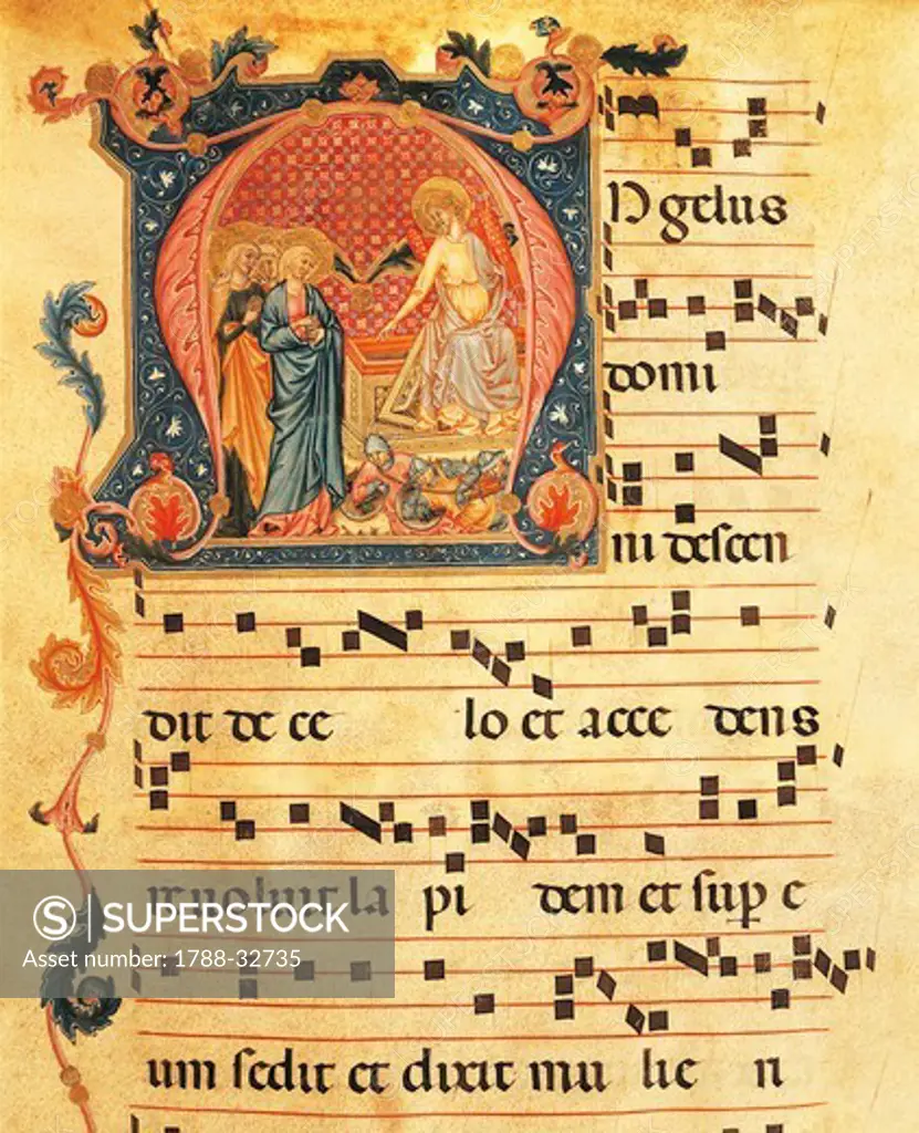 Page of an antiphonary, miniature by Umbrian school, 16th Century.