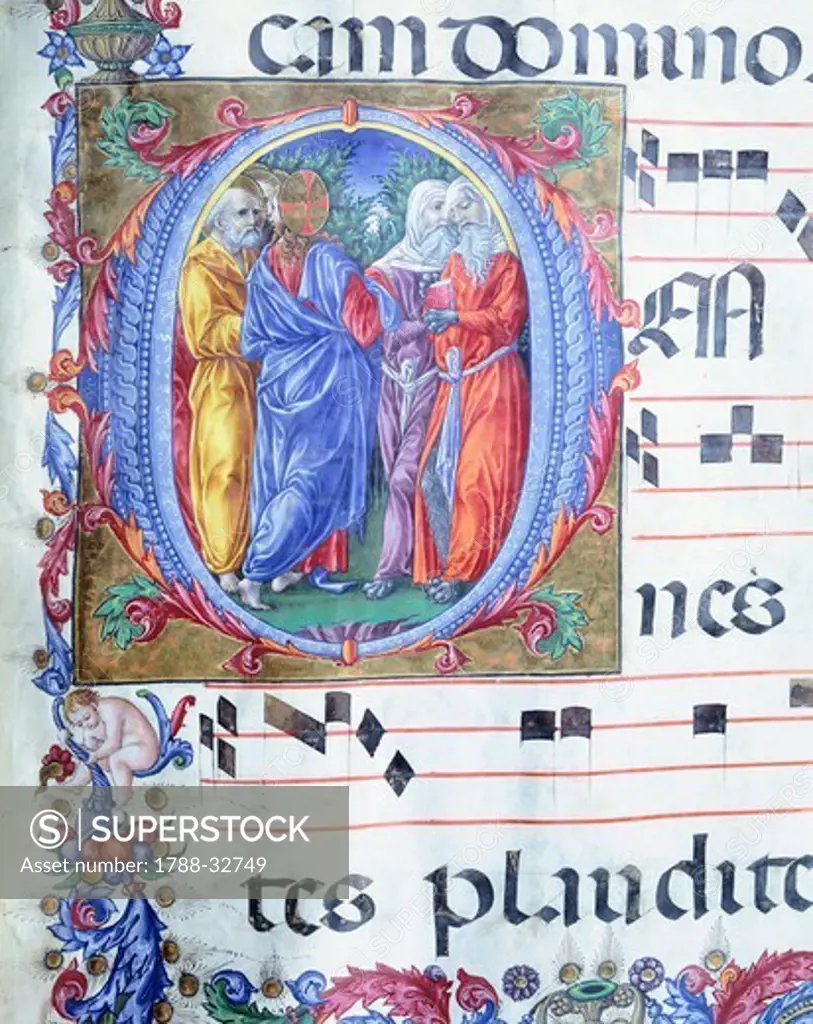 Initial capital letter O with Jesus among the false prophets, miniature by Liberale of Verona, from a gradual, 15th Century.