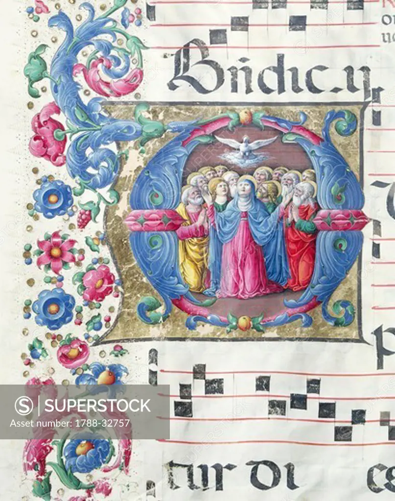 Illuminated initial capital letter depicting the Pentecost, by Girolamo of Cremona, from a medieval manuscript, Italy 15th Century.