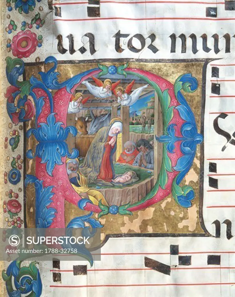 Illuminated initial capital letter depicting the Nativity, by Girolamo of Cremona, from a medieval manuscript, Italy 15th Century.