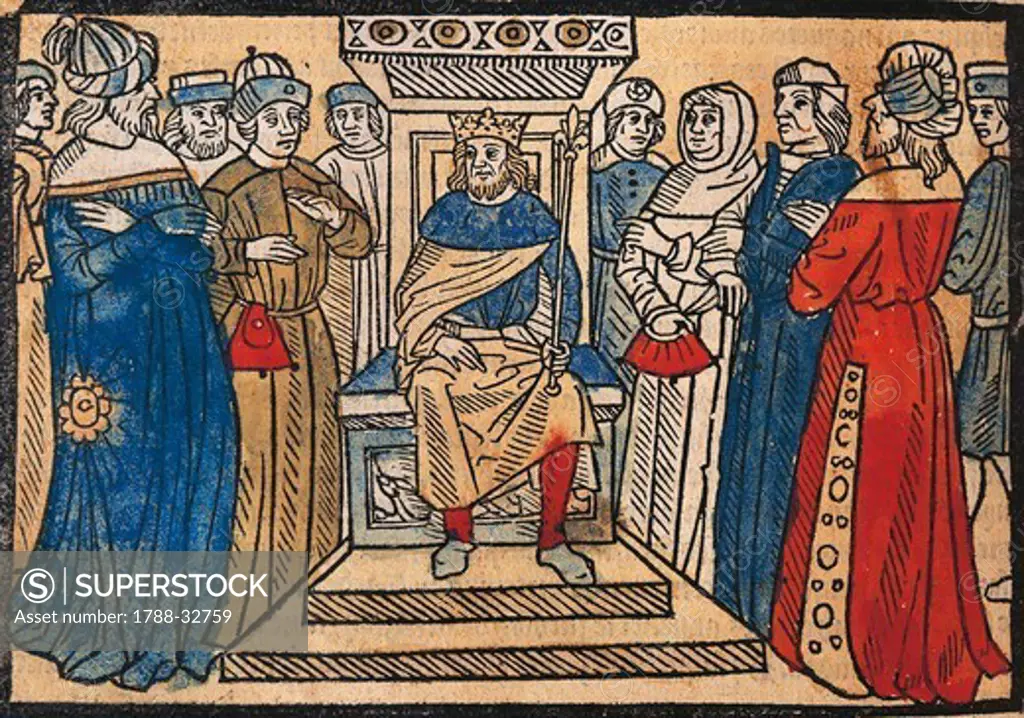 Charlemagne and his court, engraving from the Great Chronicle of French Kings by Robert Gaguin, manuscript, Paris, France 1514.