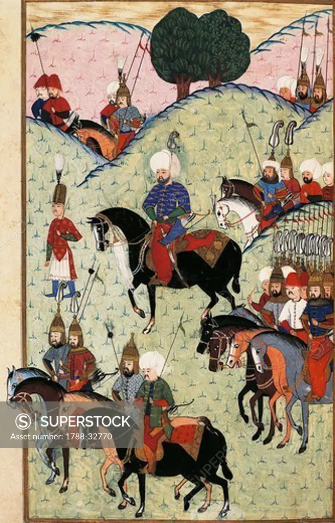 Ottoman troops departing in 1526 for the campaign against Hungary, Ottoman miniature, Turkey 16th Century.
