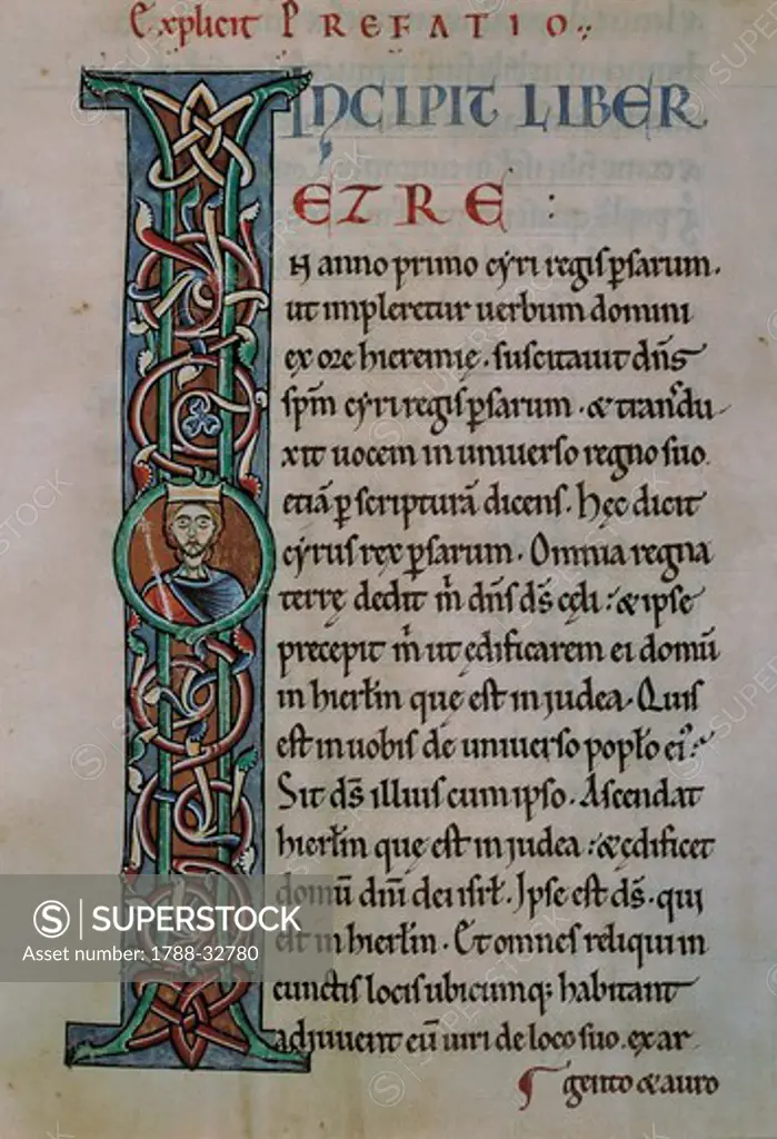 Illuminated letter, the Latin Bible, from the Abbey of Monteiramey, manuscript, 12th Century.