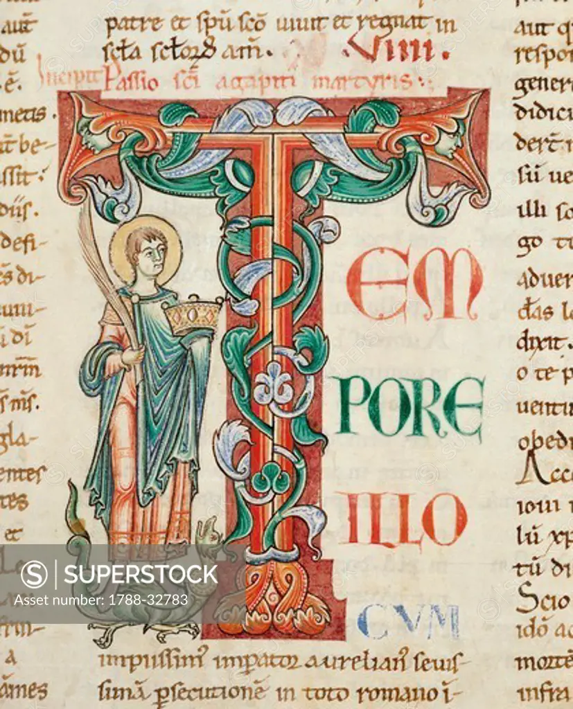 Initial capital letter T with Pope Saint Agapetus, miniature from the Citeaux Legendary, manuscript 641 folio 21 verso, France 12th Century.