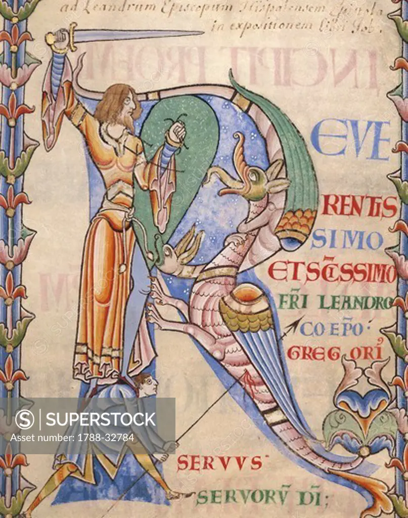 Initial capital letter R depicting a fight with a fantastical creature, miniature from the Moralia of Saint Gregory the Great, manuscript 168 folio 4 verso, Citeaux, France 12th Century.