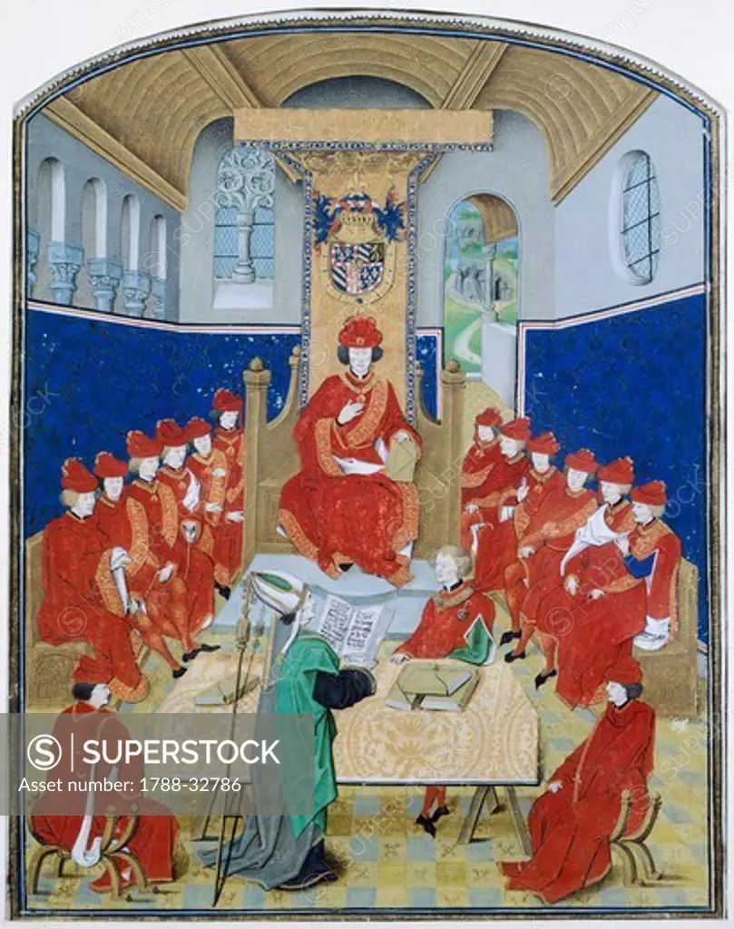 Sitting of the chapter of the Order of the Golden Fleece, miniature from the Story of the Golden Fleece by Guillaume Fillastre, Bishop of Tournai, France 15th Century.