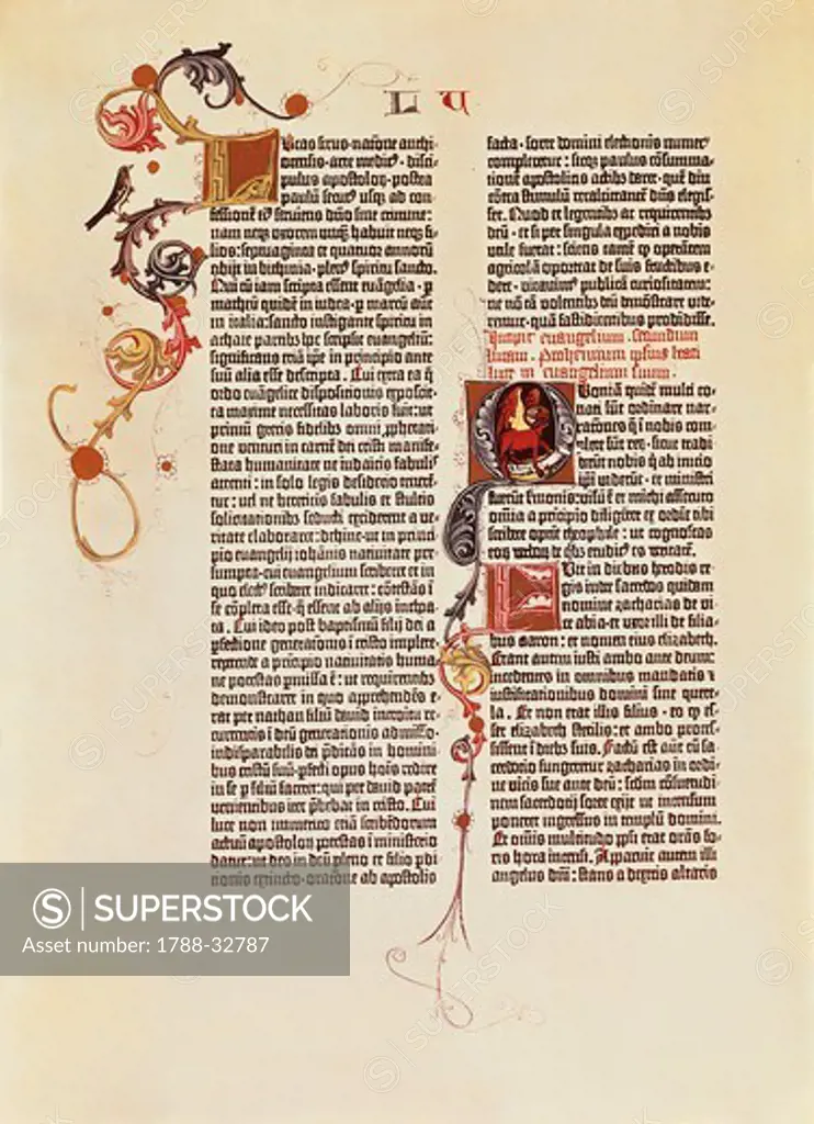 Page of the Bible of 42 lines (Mazarina) printed by Johann Gutenberg, 15th Century.