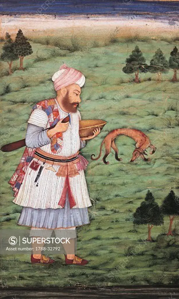 Dervish with his dog holding a box for alms in his hand, miniature from the Mughal School, ca 1630, India 18th Century.