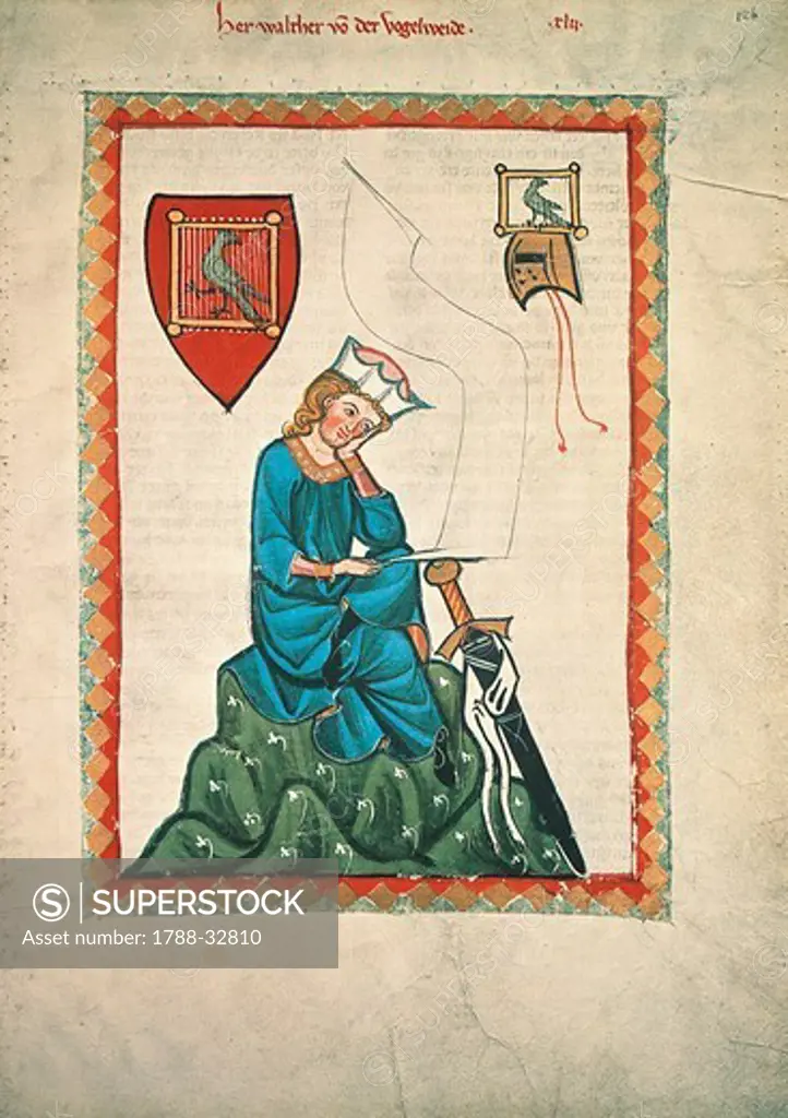 Walther von der Vogelweide, miniature from the Codex Manesse, Germany 14th Century.