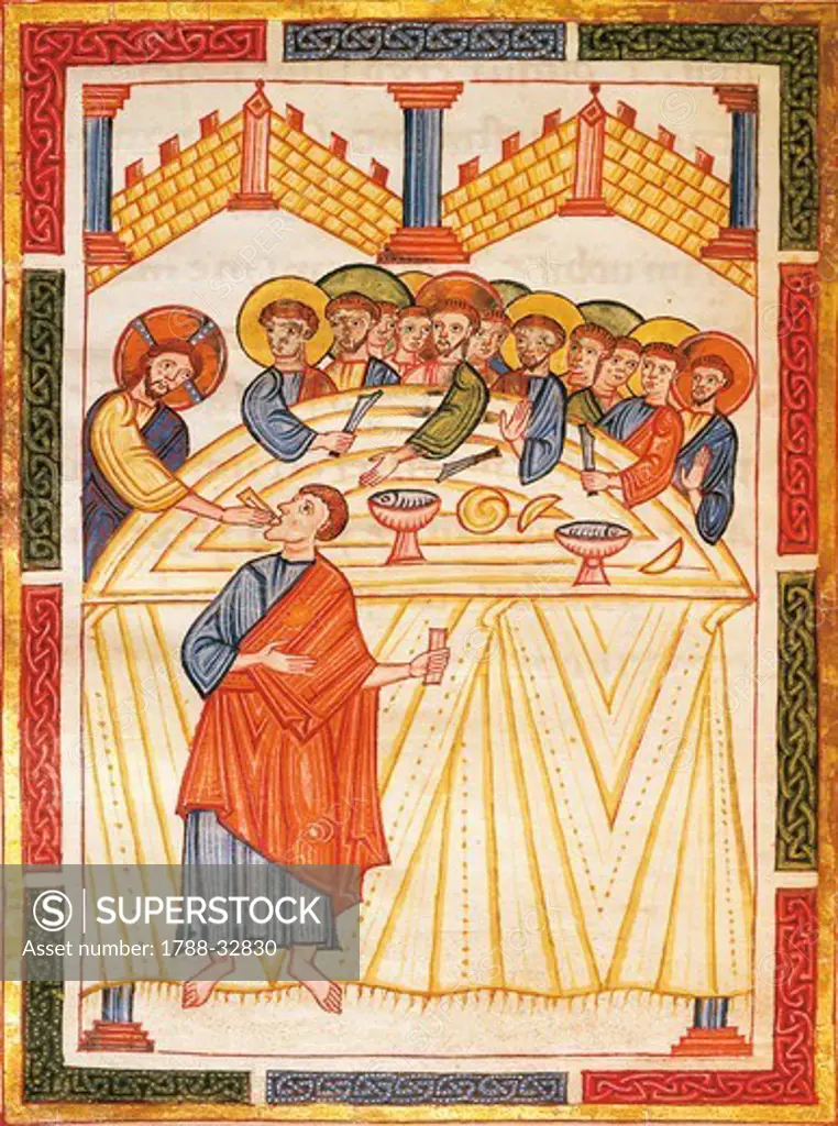 Last Supper, miniature from the Matilde of Canossa Gospels, Italy 12th Century.
