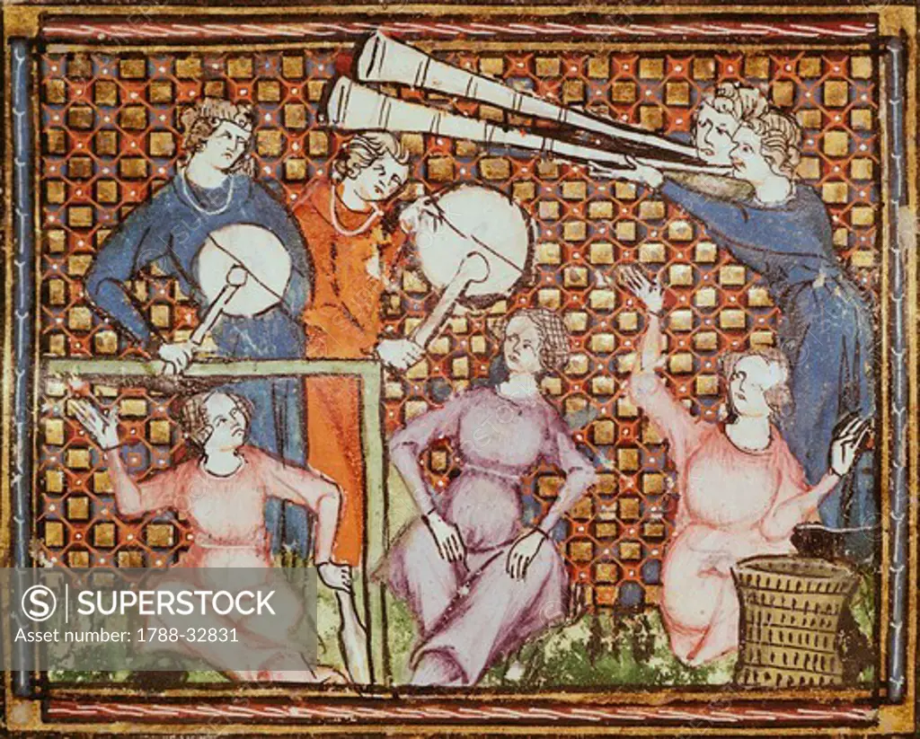 Musicians with drums and other instruments, miniature, France 14th Century.
