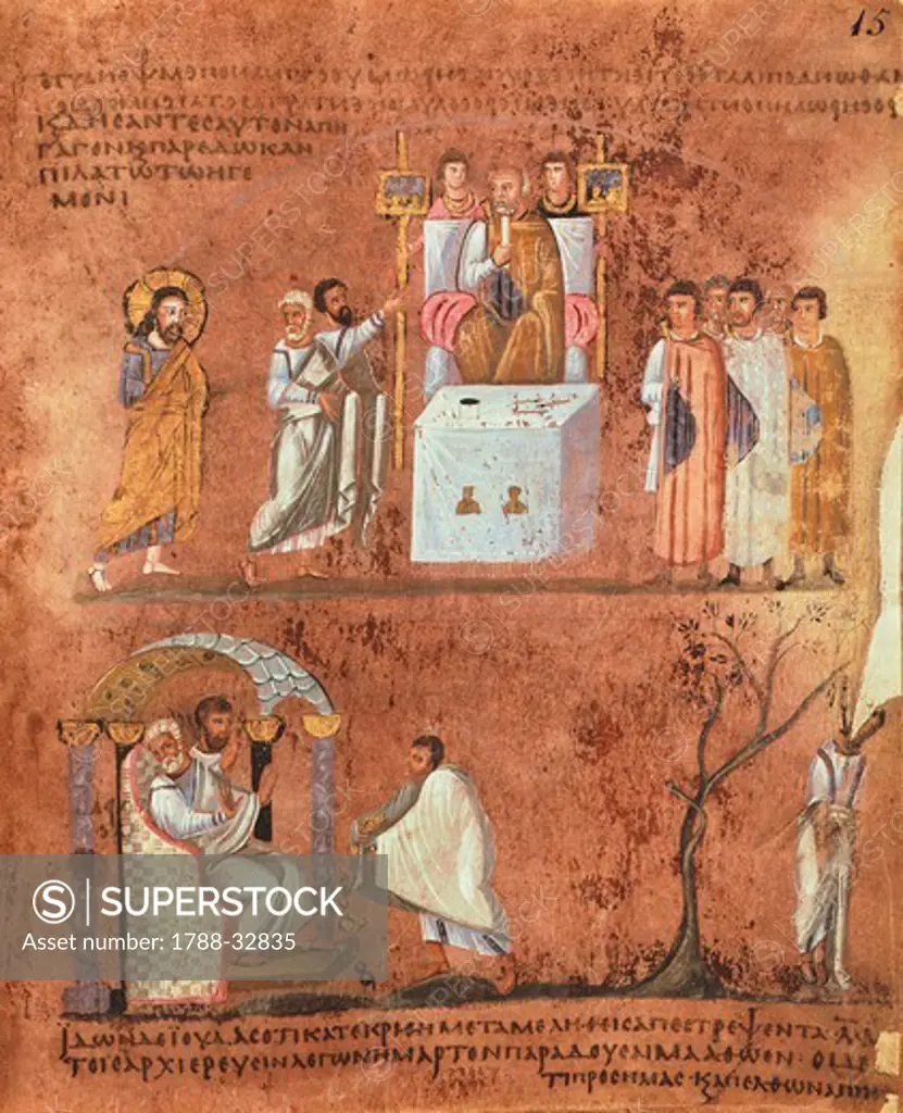Jesus before Pilate and the repentance of Judah, miniature from the Gospels called Rossanensis (Purpureus Code from Rossano Calabro), byzantine manuscript, 6th Century.