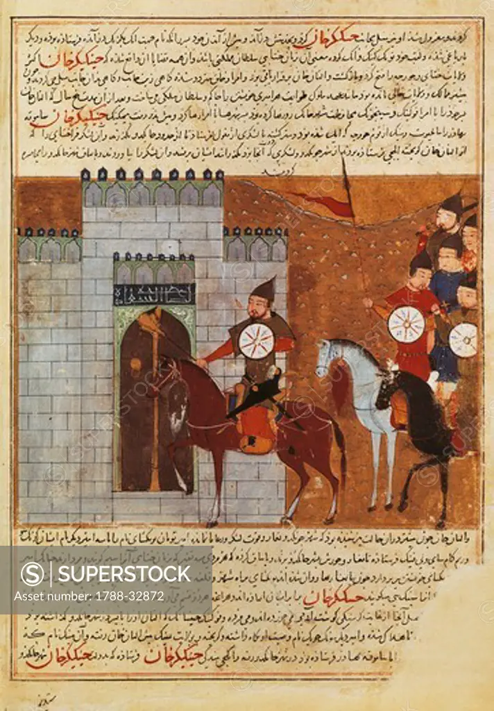 Mongol soldiers on horseback laying seige to a fortress, miniature from History of the Turkish tribes and the Dynasty of Genghis Khan by Rashid al-Din, Persian manuscript, Turkey 14th Century.