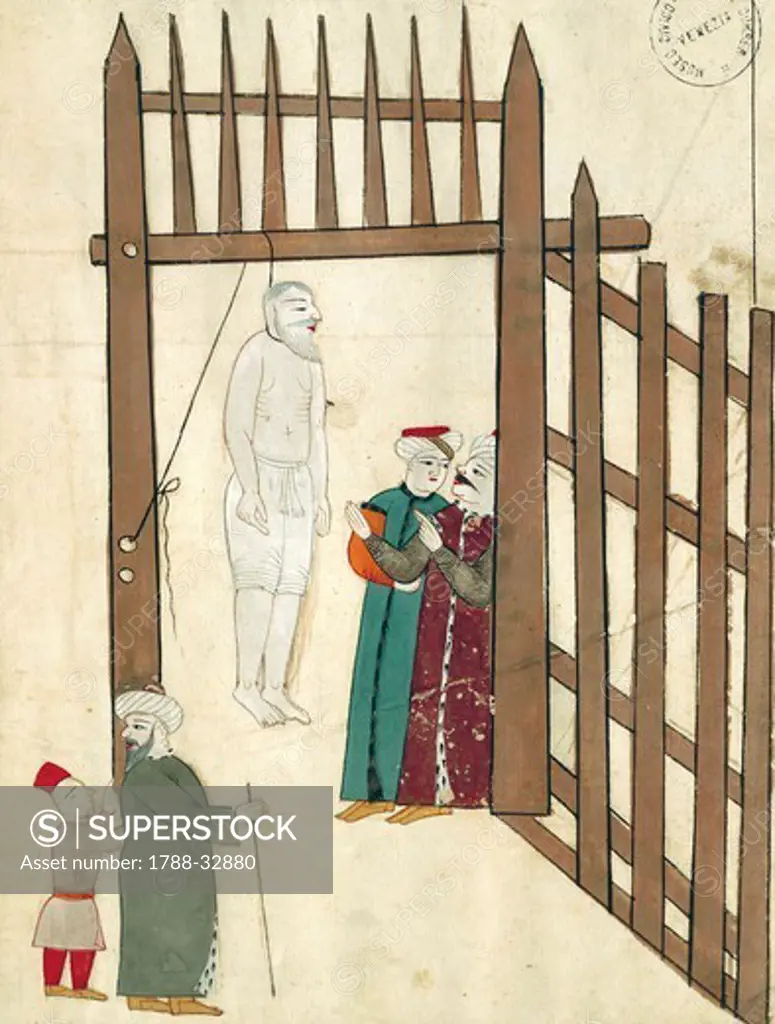 Hanging Christian prisoners, miniature from Turkish Memories, Arabic manuscript, Cicogna Codex, Turkey 17th Century.
