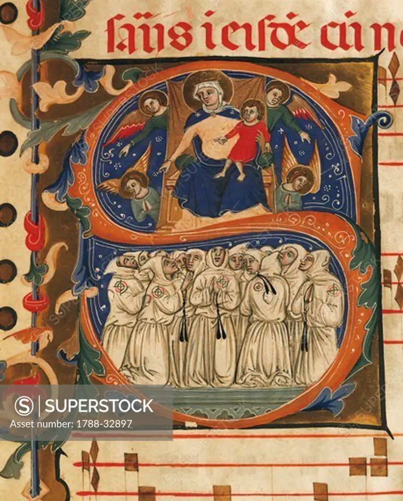 The brothers of the Fraternity of Saint Mary of the Charity placing themselves under the protection of the Blessed Virgin, miniature from a gradual, 1365.