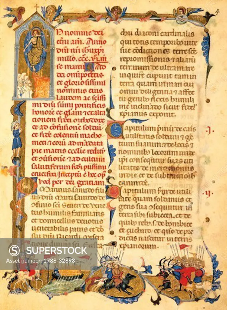 A capital letter from Secreta fidelium crucis by Marino Sanudo know as il Giovane (the Younger), manuscript, 14th Century.