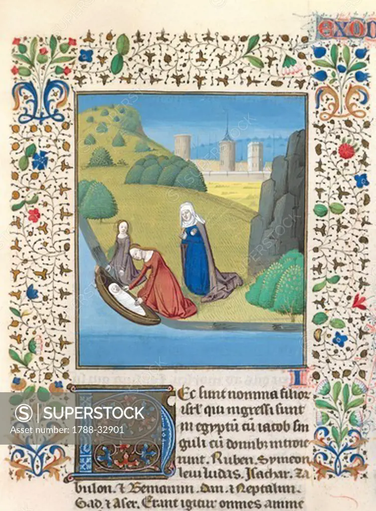 Moses saved from the waters, miniature from the Bible of Saint John XXII, Latin manuscript, from the Palace of the Popes by Avignon, folio 22 recto, France 15th Century.