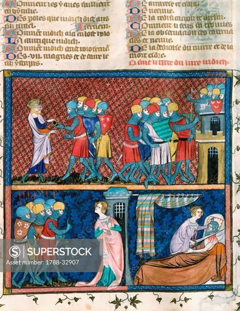Story of Judith, miniature from Guyart des Moulins and Peter Comestor's Bible Manuscript, late 13th-early 14th Century.