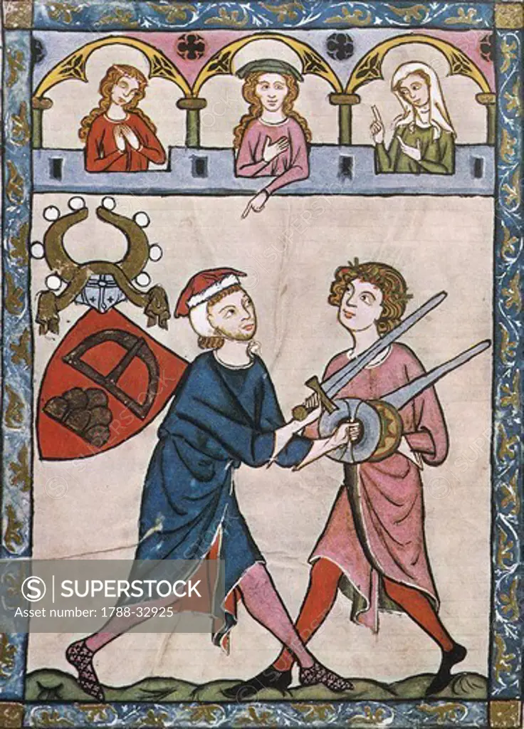 A knight fights a duel with a shepherd, miniature from the Codex Manesse, manuscript, 1304, Germany 14th Century.