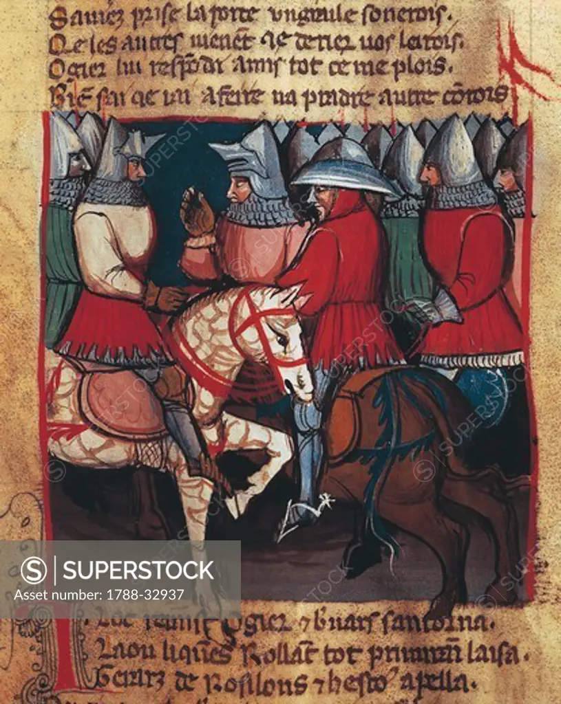 Scene depicting Knights, miniature from the Entree d'Espagne, manuscript, 14th Century.
