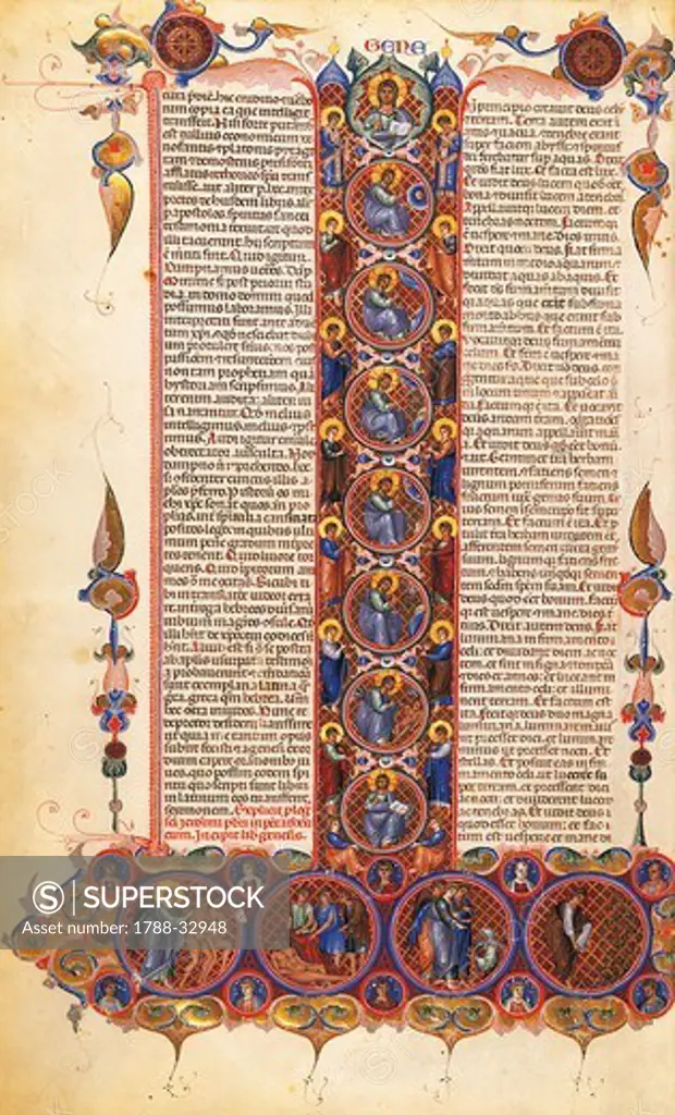 Illuminated page from Genesis, manuscript 18 folio 1 verso, Latin manuscript.