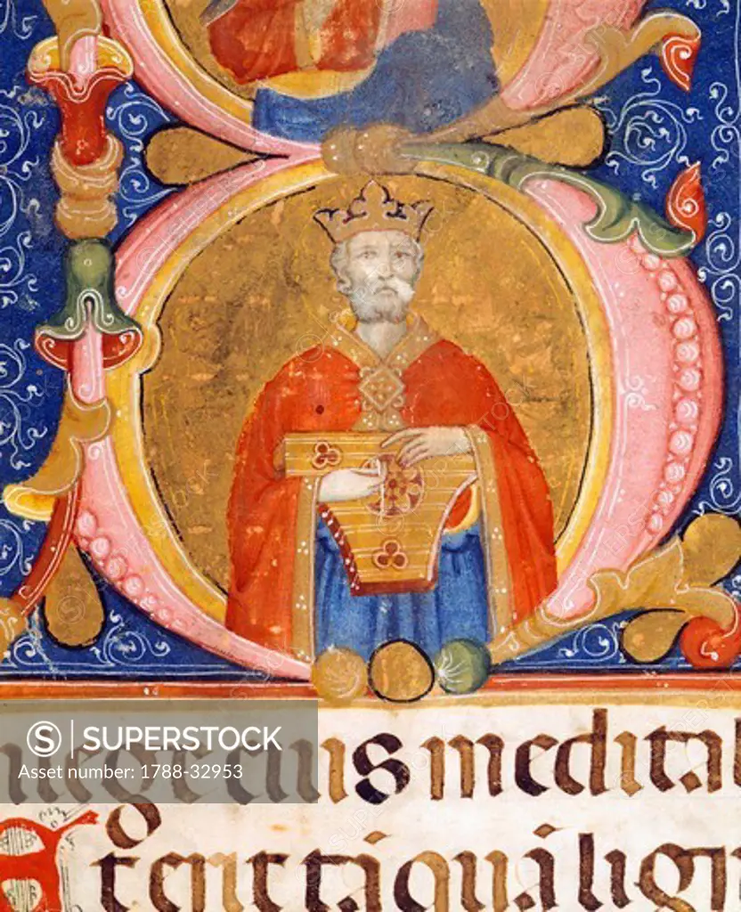 King David performs on the lyre, miniature from manuscript, Italy 16th Century.