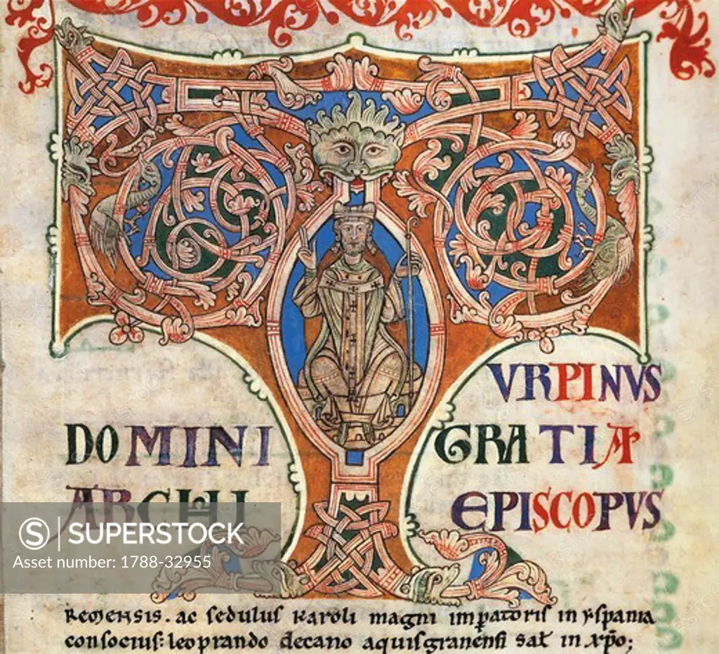 Initial capital letter T depicting the figure of Emperor Charlemagne, Illuminated page from the Chronicles of Turpino, Codex Calixtinus, Spain 12th century
