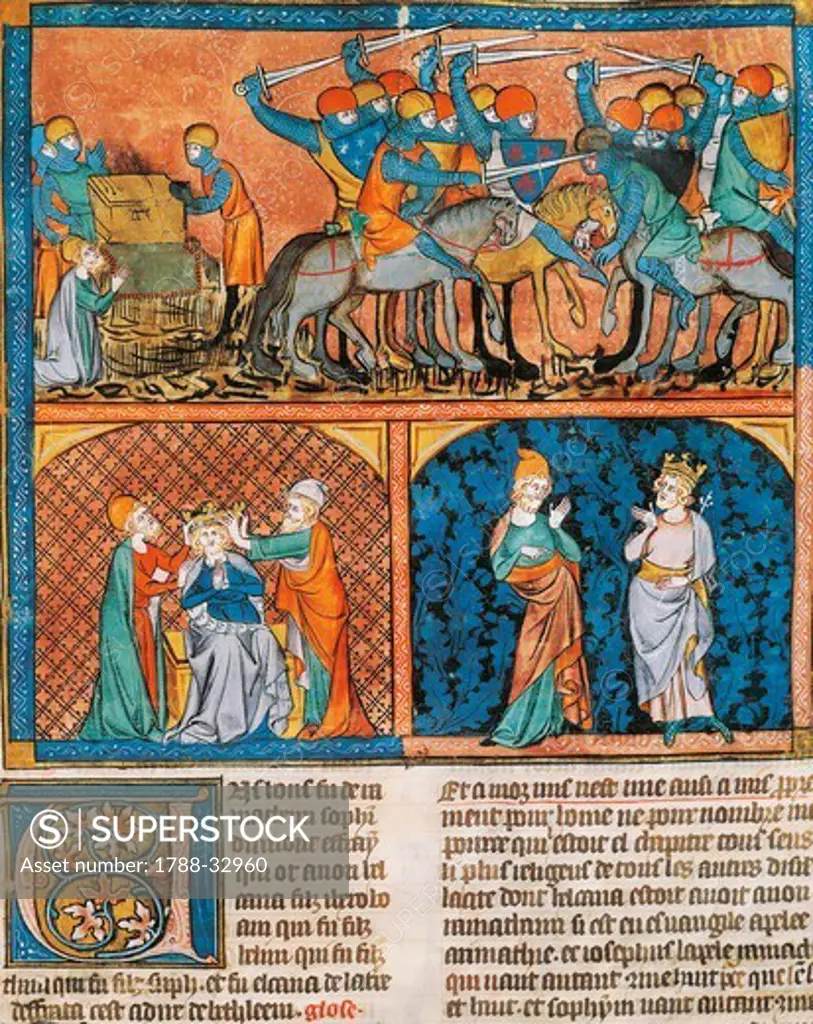 First Book of Kings: the Ark, and the War of David and his coronation, miniatures from Guyart des Moulins and Peter Comestor's Bible, Manuscript, late 13th-early 14th Century.
