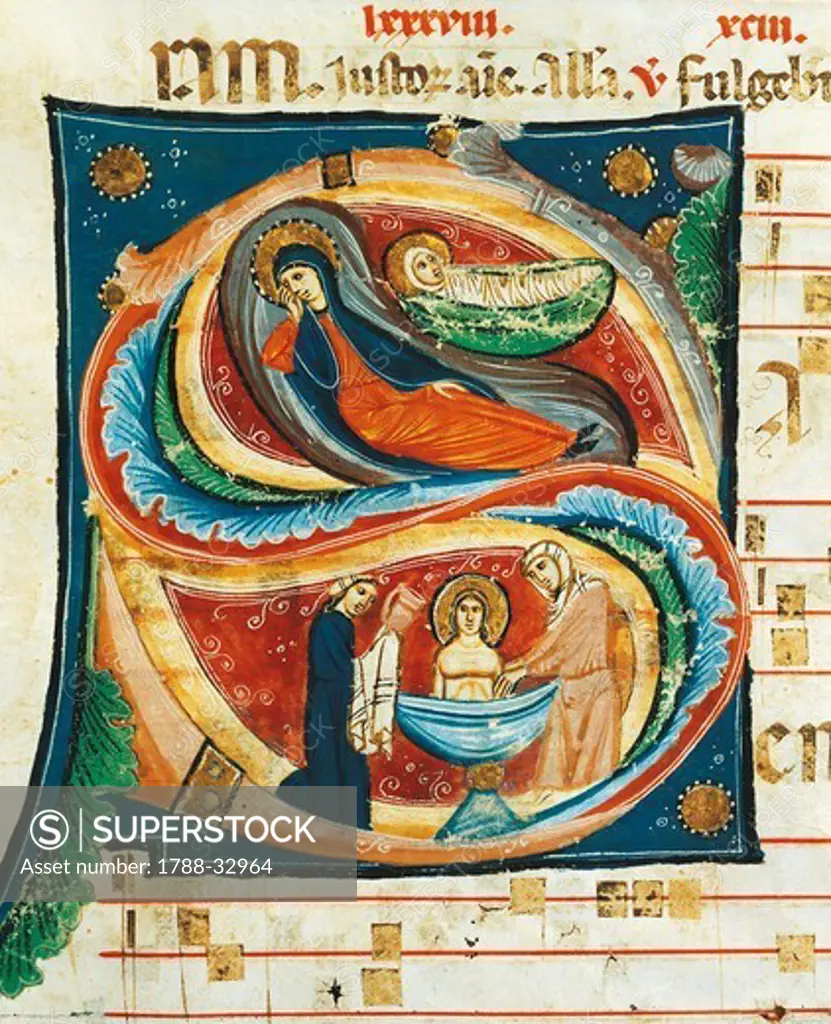 Initial capital letter S, with the Nativity scene, miniature by Oderisi of Gubbio, from a medieval Choral, Italy 13th Century.