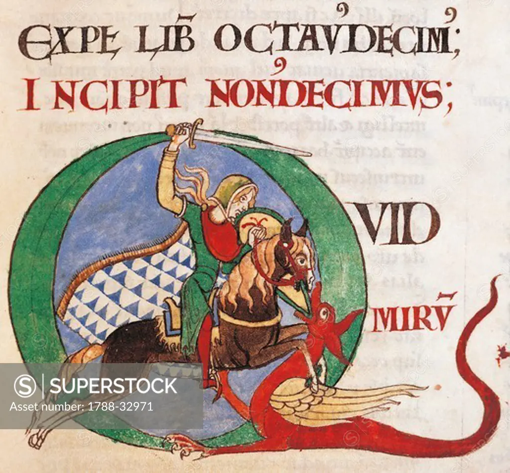 Illuminated initial capital letter Q, depicting a knight that kills a dragon, miniature from Moralia in Job (Commentary on Job), by Saint Gregory the Great, manuscript from Citeaux, folio 20 recto, France 12th Century.