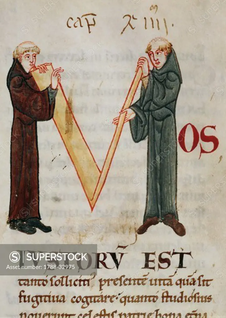 Initial capital letter F depicting two monks folding a length if linen, miniature from the Morals on the Book of Job (Moralia in Job) by Saint Gregory the Great, manuscript, Citeaux, France 12th Century.