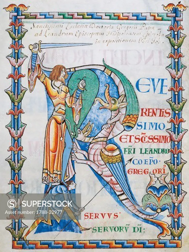 Initial capital letter R depicting two men fighting a dragon with a sword and a lance, miniature from the Morals on the Book of Job (Moralia in Job) by Saint Gregory the Great, manuscript 168 folio 4 verso, Citeaux, France 12th Century.