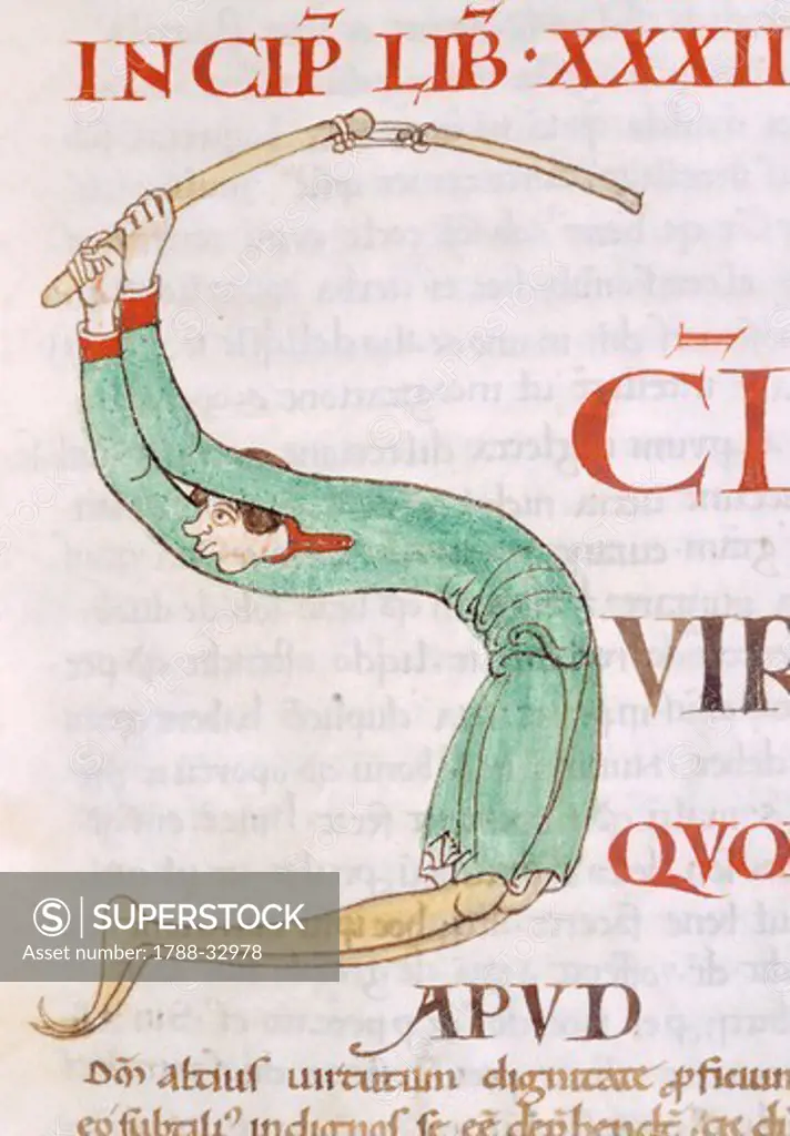 Initial capital letter S depicting a scene of flagellation, miniature from the Morals on the Book of Job (Moralia in Job) by Saint Gregory the Great, manuscript 168 folio 4 verso, Citeaux, France 12th Century.