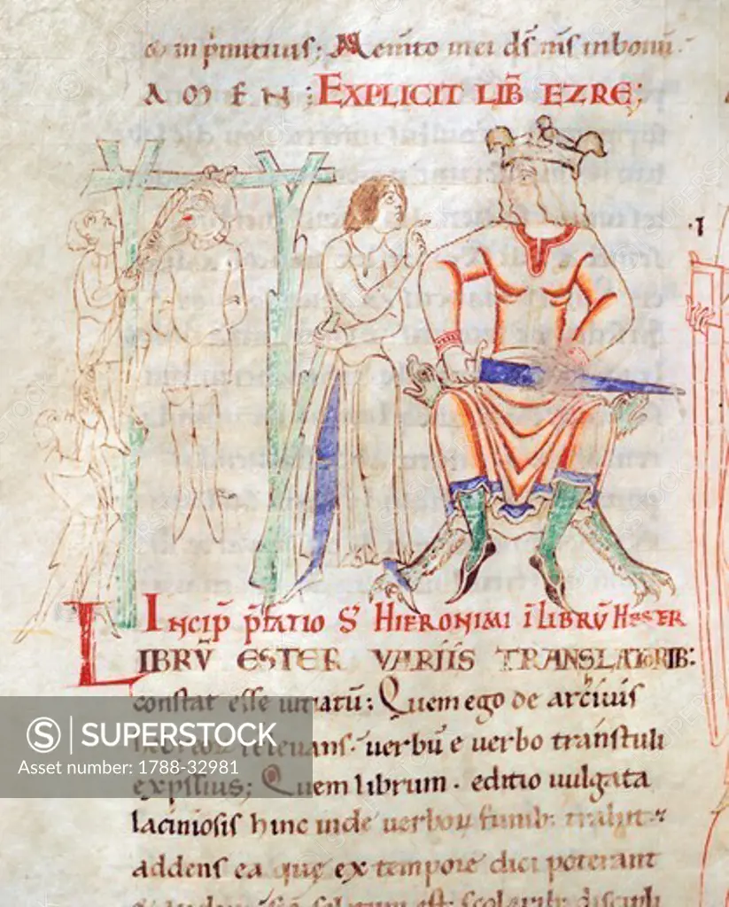 Hanging scene, miniature from the Bible of Stephen Harding, manuscript from Citeaux, France 12th Century.