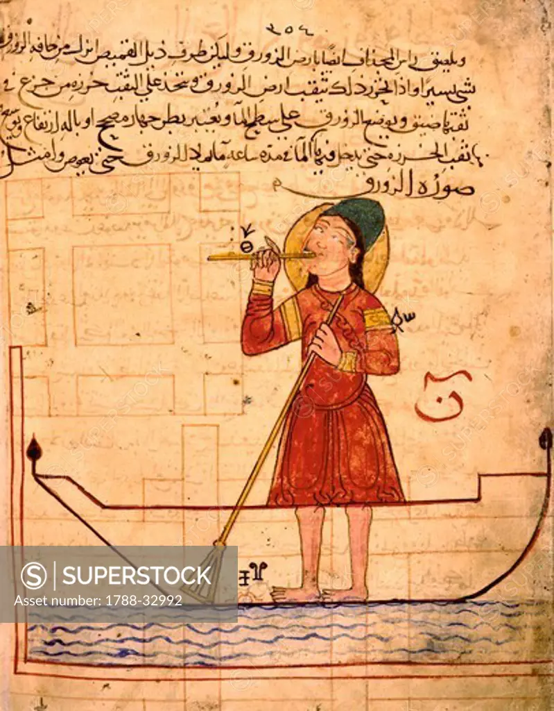 Automation device, miniature from the Book of Knowledge of Ingenious Mechanical Devices by Al-Jazari, 1203, Turkey.
